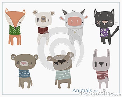 Vector illustration of cute animals set on white background. Vector Illustration