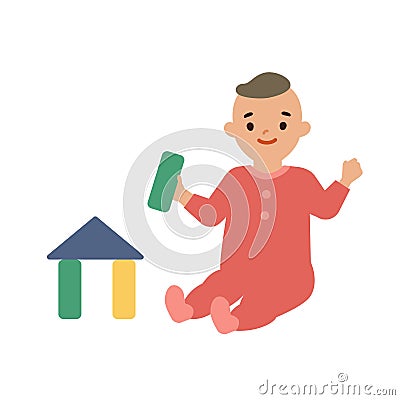 Vector illustration of cute baby playing building blocks Vector Illustration