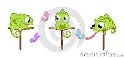 Vector illustration of cute and beautiful green chameleons on white background. Charming characters in different poses Vector Illustration