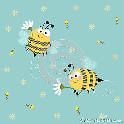 Cute bees flying with flowers elements on blue background Vector Illustration