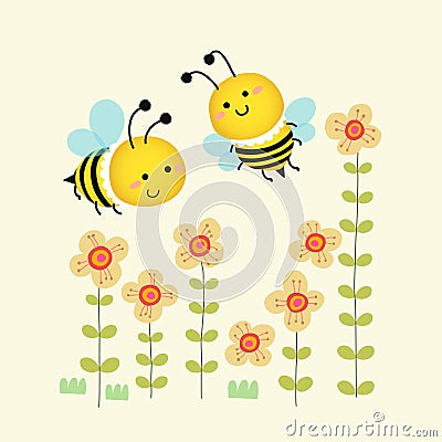 Two cute bees flying over the yellow flowers garden Vector Illustration