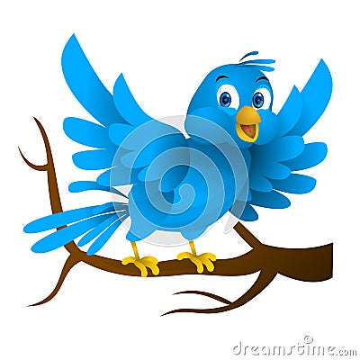 Cute blue birds chirping, perched on a tree. Cartoon Illustration
