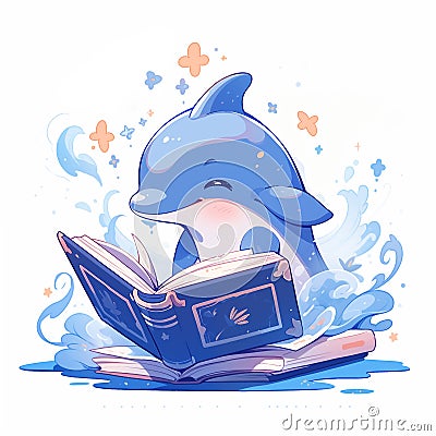 Vector illustration of a cute blue dolphin smiling and reading his favorite book on the floor. Surrounded by splashing waves white Cartoon Illustration