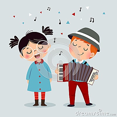 Cute boy playing on a musical instrument accordion and little girl singing Vector Illustration