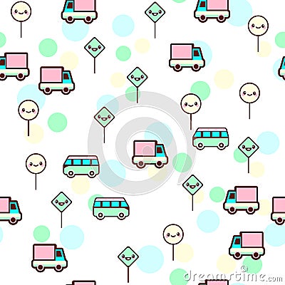 Vector illustration of the cute bus, car with the funny faces seamless pattern. Trendy Kawaii emoticons for print Vector Illustration