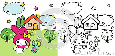 vector illustration Cute cartoon animals in colorful gardens black white and color versions Vector Illustration