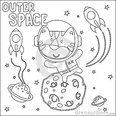 Vector illustration of cute cartoon astronauts little animal in space, Childish design for kids activity colouring book or page Vector Illustration