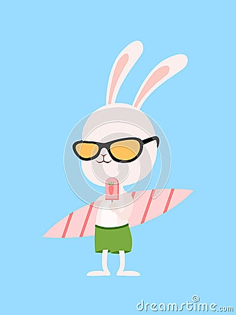 Vector Illustration: Bunny with a surfboard, an ice cream and sunglasses Stock Photo