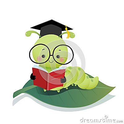 Cute cartoon caterpillar worm wearing graduation mortarboard hat and glasses reading a book on the leaf Vector Illustration