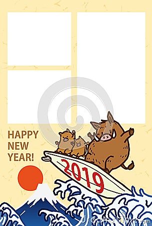 New year's card 2019.Cute wild boar on a surfboard.photo frame. Vector Illustration