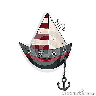 Vector illustration with cute cartoon colored ship. Vector Illustration