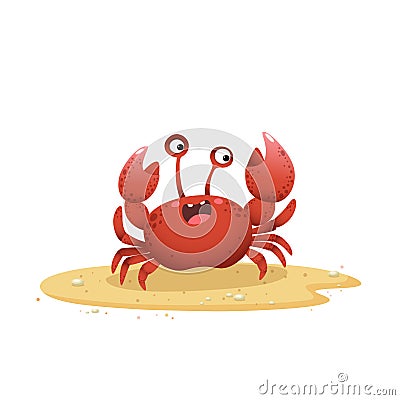 A cartoon crab crawling on sand beach on white background Vector Illustration