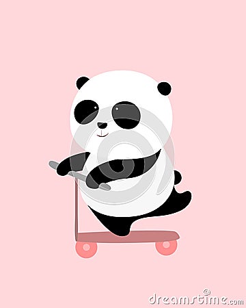 Vector Illustration: A cute cartoon giant panda is on a scooter. Vector Illustration