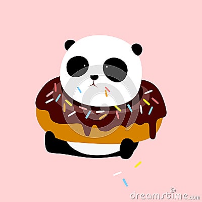 Vector Illustration: A cute cartoon giant panda is sitting on the ground, with a big chocolate doughnut / donut / bagel. Vector Illustration