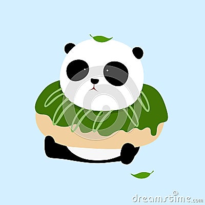 Vector Illustration: A cute cartoon giant panda is sitting on the ground, with a big matcha green tea doughnut. Vector Illustration