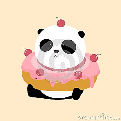 Vector Illustration: A cute cartoon giant panda is sitting on the ground, with a big pink strawberry / cherry flavor doughnut Vector Illustration