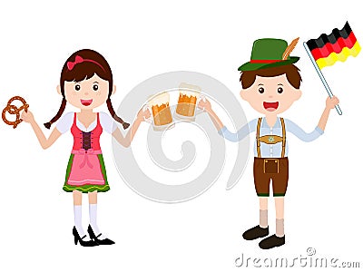 Vector illustration of cute cartoon girl wearing German Dirndl dress, boy with leather Lederhosen Cartoon Illustration