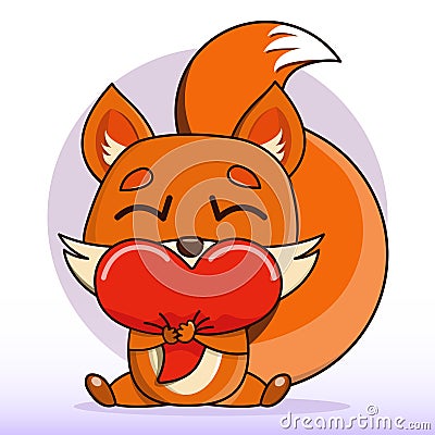 Vector illustration of a cute cartoon little fox cub hugging with a heart. Vector Illustration