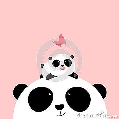 Vector Illustration: A cute cartoon little panda is lying on the head of his father / mother, looking at a butterfly. Vector Illustration