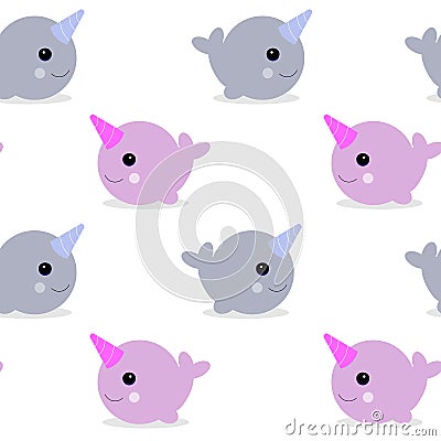 Vector illustration. Cute cartoon magic narwhal isolated on white background. funny unicorn whale for child and cards Cartoon Illustration