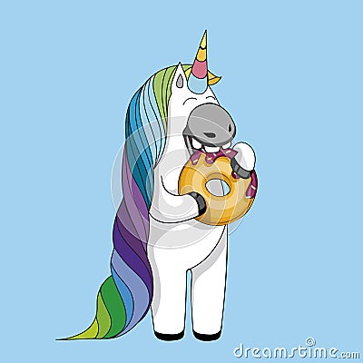 Vector illustration with cute cartoon unicorn eating tasty donuts. Cute magical unicorn isolated on blue background. Cartoon Illustration