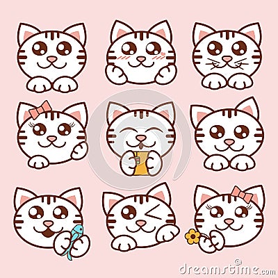 Vector illustration cute cats icons set. Sweet kittens stickers in flat style. Vector Illustration