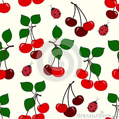 Vector illustration of cute cherry and ladybug seamless pattern Cartoon Illustration