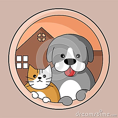 vector illustration of cute dog and cat mascot logo in circle Vector Illustration