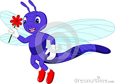 Cute dragonflies cartoon flying with smile and bring flower Cartoon Illustration