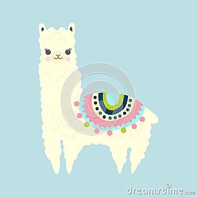 Vector Illustration of cute fluffy cartoon llama or alpaca. Childish print for fabric, t-shirt, poster, cards Vector Illustration