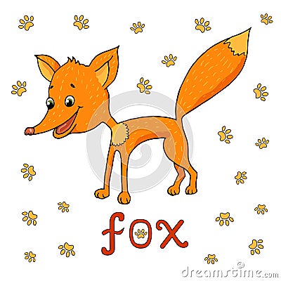 Vector illustration of cute fox, traces of animals around and word fox Vector Illustration