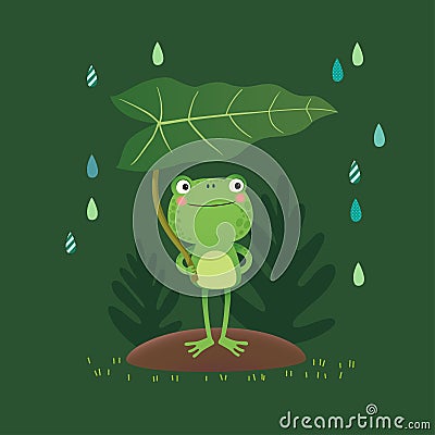 Vector illustration of a cute frog standing and holding a leaf on a rainy day Vector Illustration