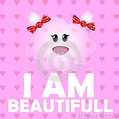 Vector illustration of a cute girl cloud.Funny cartoon character children on a pink background with hearts. Vector Illustration