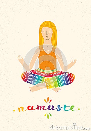 Vector illustration of a cute Girl Practicing Yoga. lotus meditative pose. Template for design cards, notebook. Vector Illustration