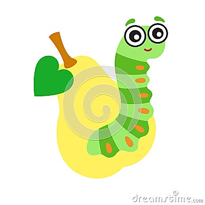 Vector illustration of cute green caterpillar on a yellow pear in a cartoon style Vector Illustration