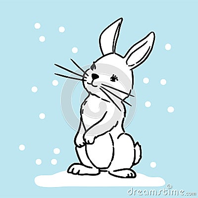 Vector illustration. Cute hand drawn bunny on snow Vector Illustration