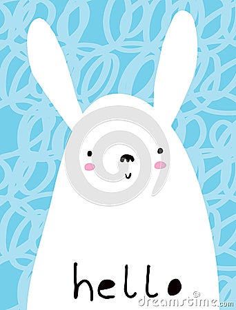 Vector Illustration with Cute Hand Drawn White Rabbit on a Blue Background. Vector Illustration