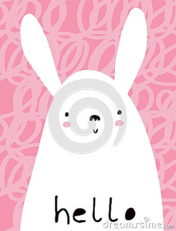 Vector Illustration with Cute Hand Drawn White Rabbit on a Pink Background. Vector Illustration