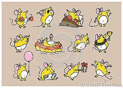 Vector illustration of cute hand drawn yellow mouse character in different situations: jump, read, win, swim, yawn. isolated Vector Illustration