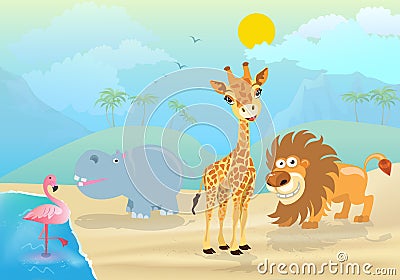 Vector illustration of cute jungle animals and plants Vector Illustration