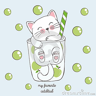 Cute kawaii cat in anime style in a glass of apple cocktail with green bubbles, drawing for childrens menu, cocktail party Vector Illustration