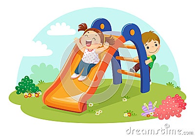 Cute kids having fun on slide in playground Vector Illustration