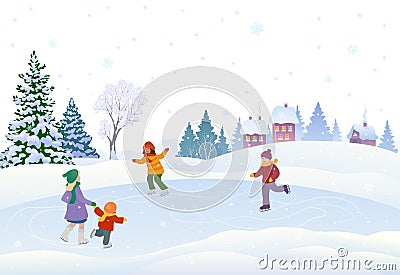 Skating kids in a village Vector Illustration