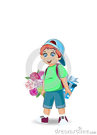 Vector illustration of cute little boy with flowers and gift. Vector Illustration