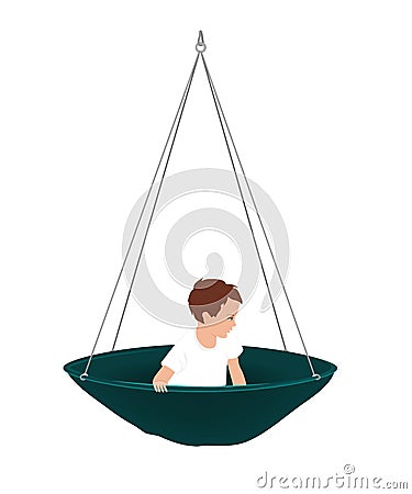 Vector illustration of cute little boy in round hammock. Kids vestibular activities, ergotherapy, or sensory integration Cartoon Illustration