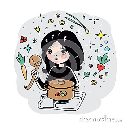 Vector Illustration of a Cute Little Chef Girl Cooking Borsch Vector Illustration