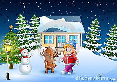 Cute little girl with a deer in front of snowy house in christmas day Vector Illustration