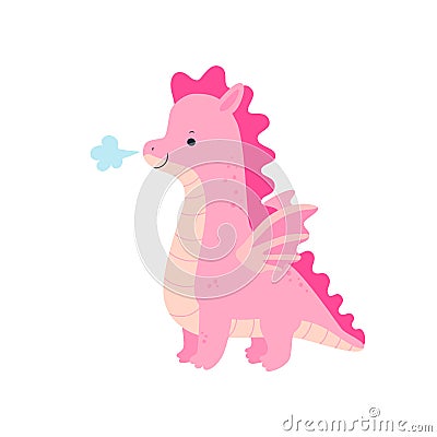 Vector illustration of cute little pink dragon. Sticker with fairytale character Vector Illustration