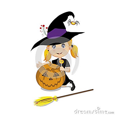 Cute little witch in halloween costume with pumpkin jack Vector Illustration