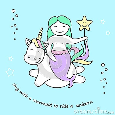 Cute mermaid and magic unicorn, vector illustration Cartoon Illustration